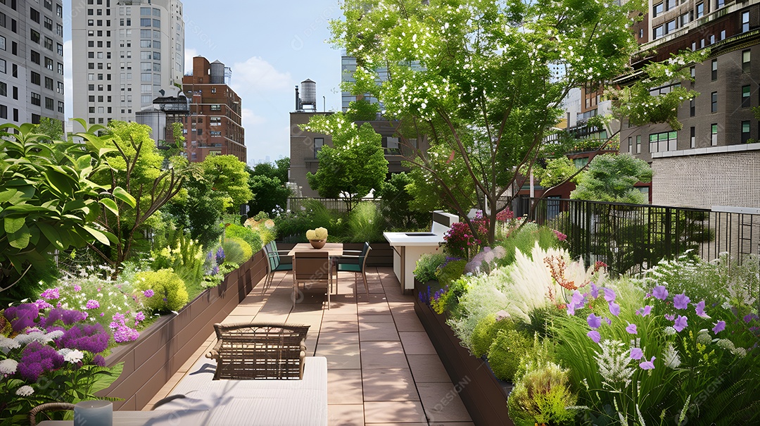 Um jardim sereno na cobertura com vegetação exuberante e flores desabrochando