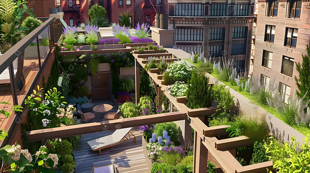 Um jardim sereno na cobertura com vegetação exuberante e flores desabrochando