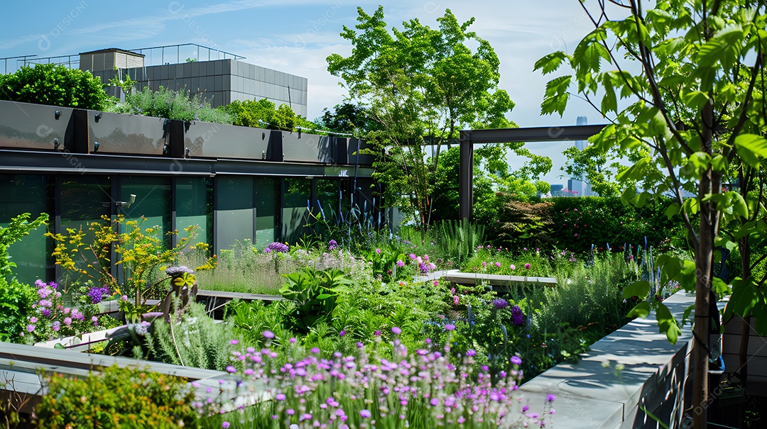 Um jardim sereno na cobertura com vegetação exuberante e flores desabrochando