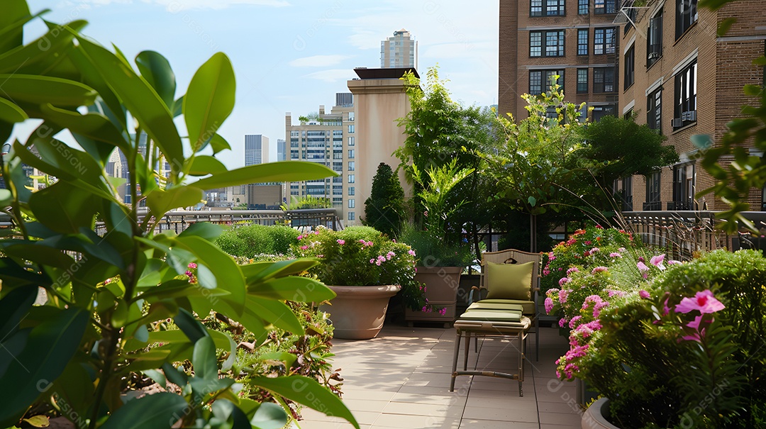 Um jardim sereno na cobertura com vegetação exuberante e flores desabrochando