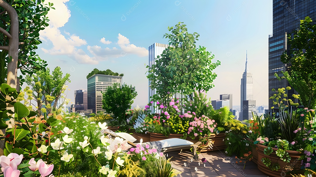 Um jardim sereno na cobertura com vegetação exuberante e flores desabrochando