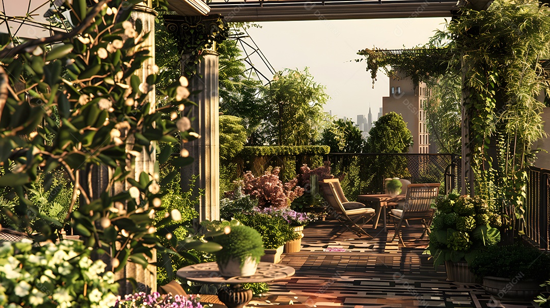 Um jardim sereno na cobertura com vegetação exuberante e flores desabrochando