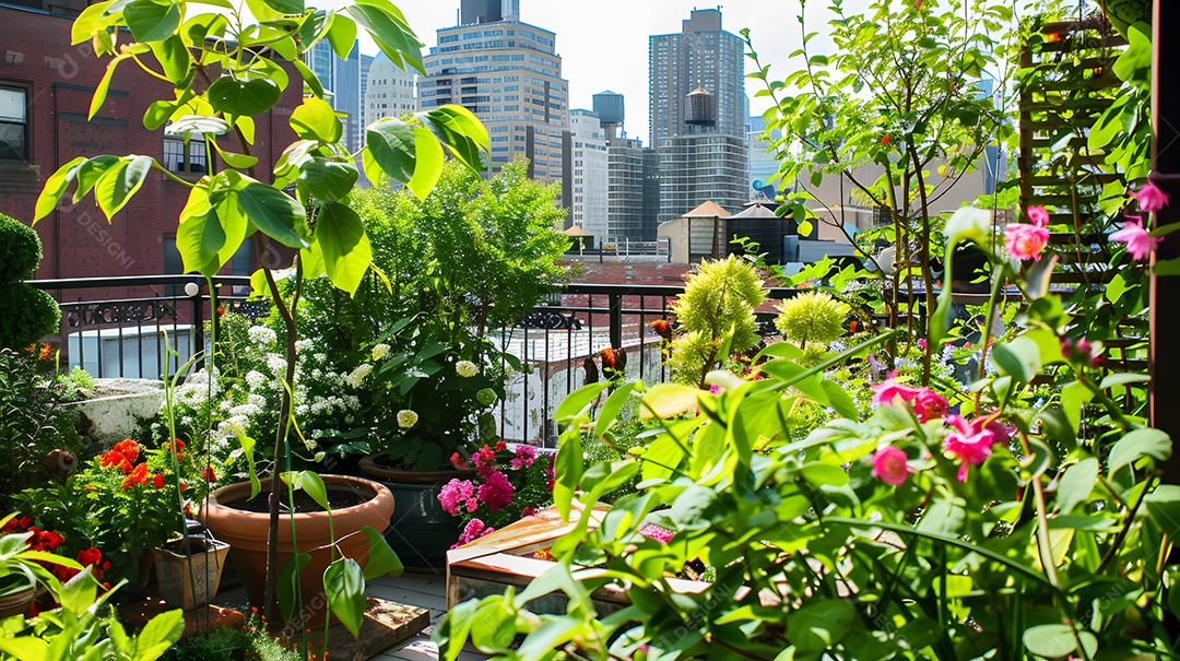 Um jardim sereno na cobertura com vegetação exuberante e flores desabrochando