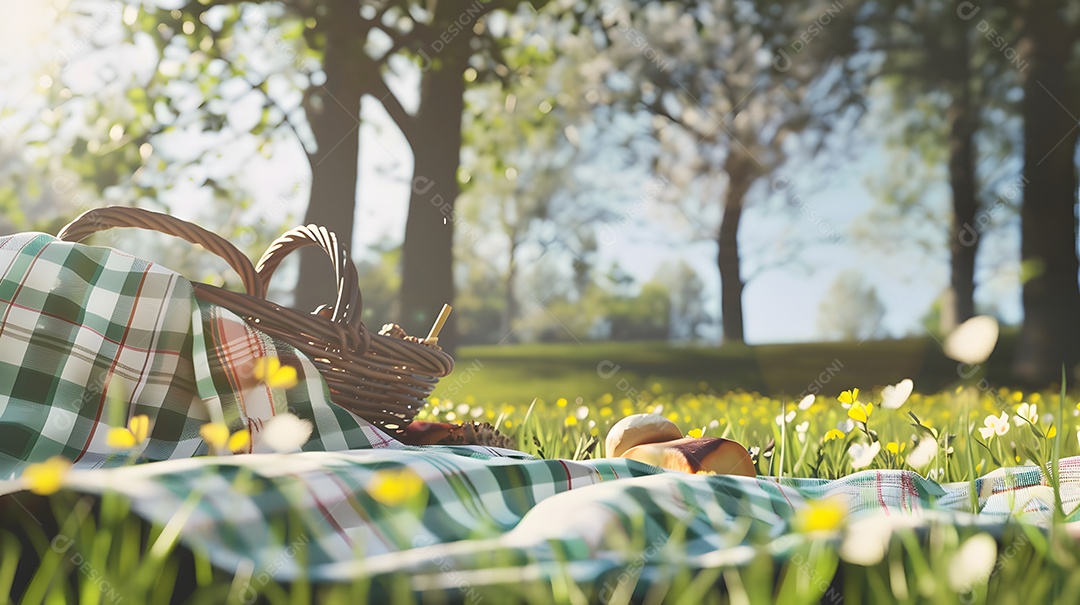 Um piquenique em um parque gramado com um cobertor xadrez e uma cesta de guloseimas