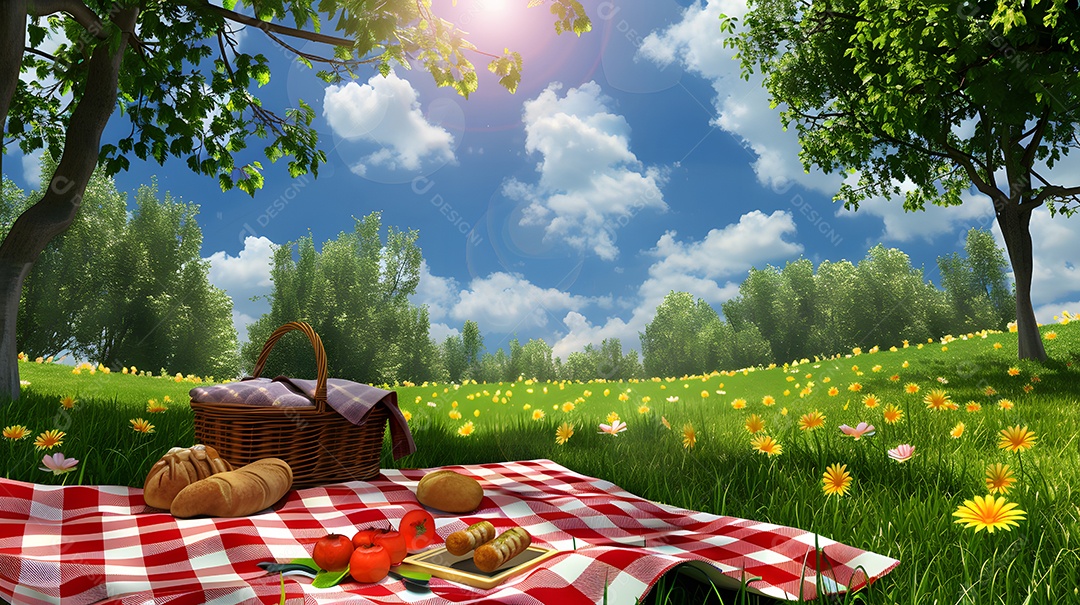 Um piquenique em um parque gramado com um cobertor xadrez e uma cesta de guloseimas