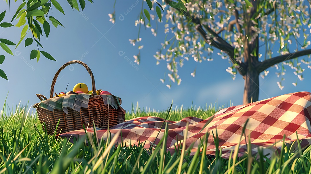 Um piquenique em um parque gramado com um cobertor xadrez e uma cesta de guloseimas