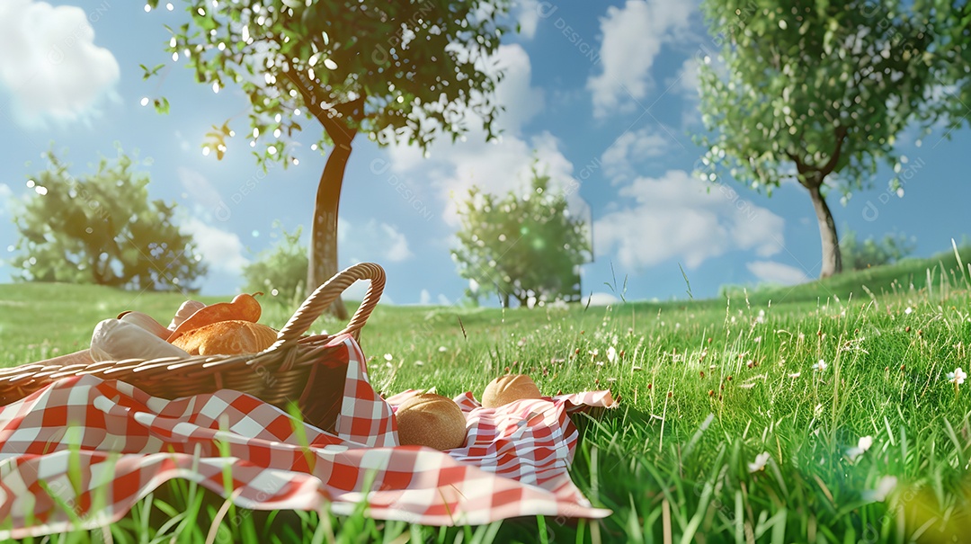Um piquenique em um parque gramado com um cobertor xadrez e uma cesta de guloseimas