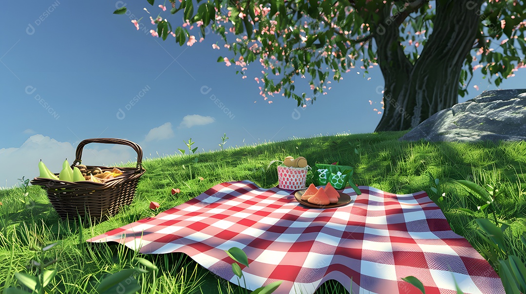 Um piquenique em um parque gramado com um cobertor xadrez e uma cesta de guloseimas