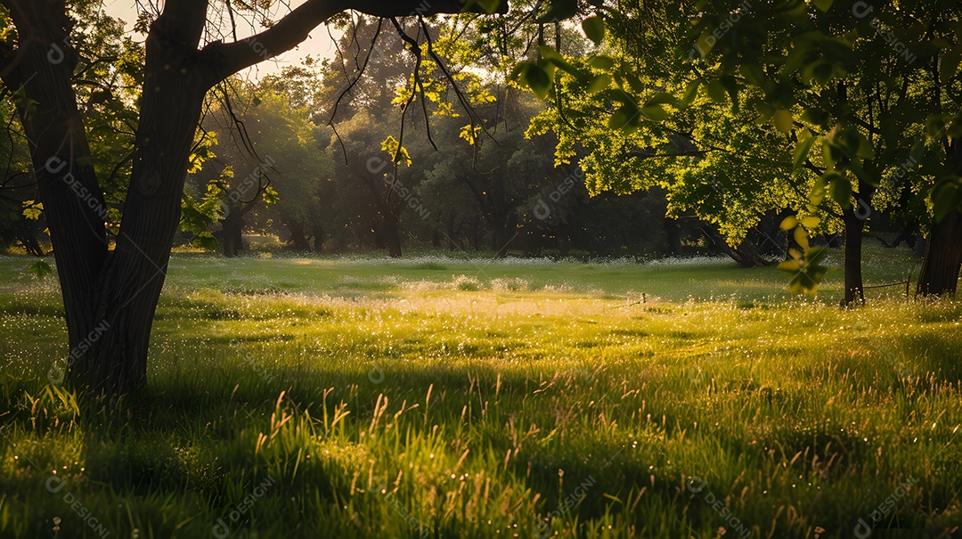 Um prado tranquilo com luz solar salpicada filtrada pelas árvores