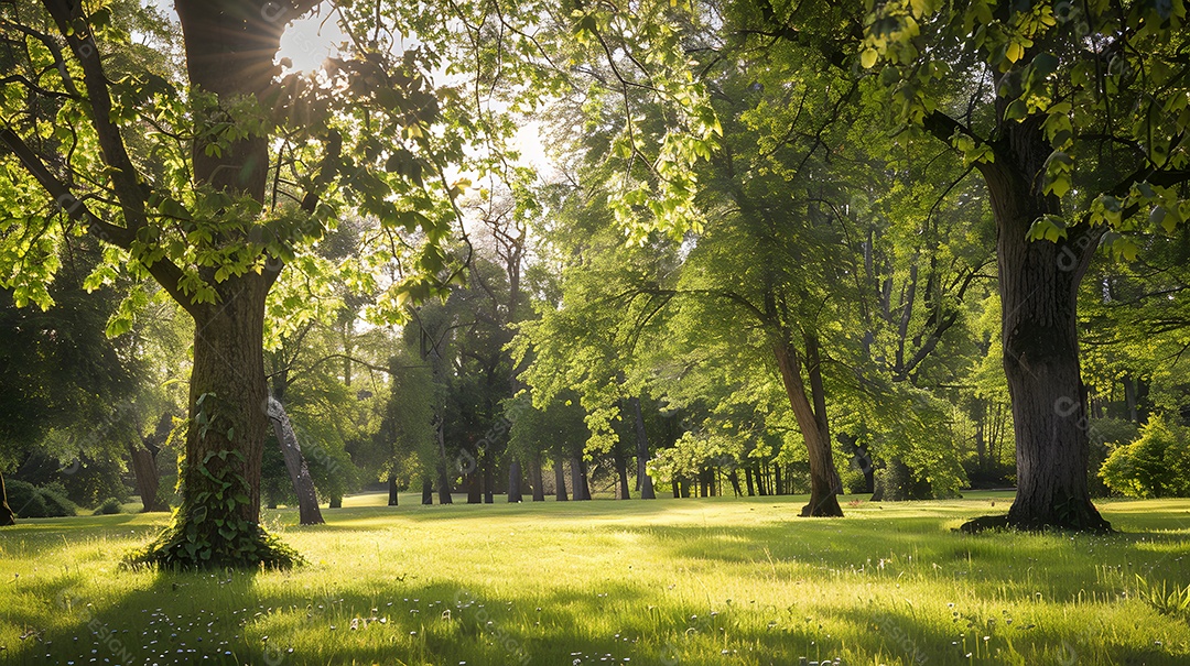 Um prado tranquilo com luz solar salpicada filtrada pelas árvores