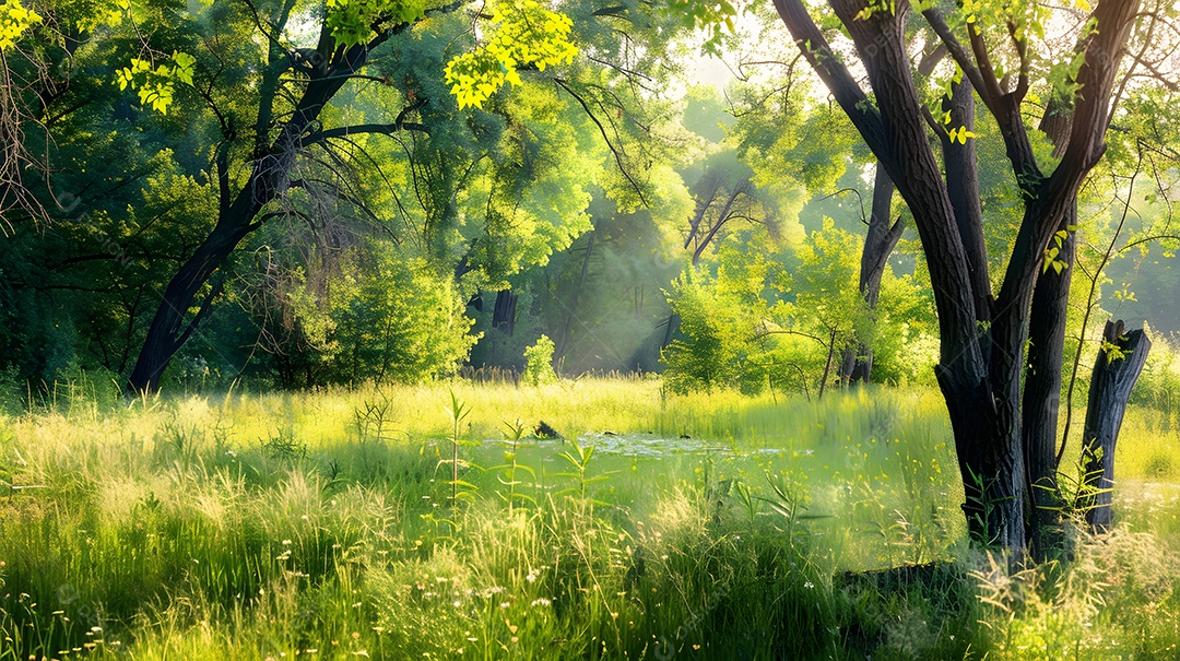 Um prado tranquilo com luz solar salpicada filtrada pelas árvores