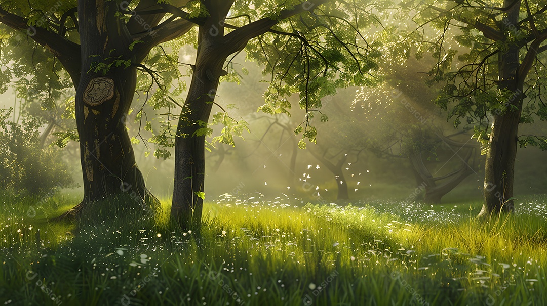 Um prado tranquilo com luz solar salpicada filtrada pelas árvores