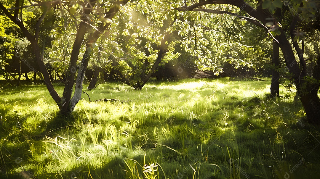 Um prado tranquilo com luz solar salpicada filtrada pelas árvores