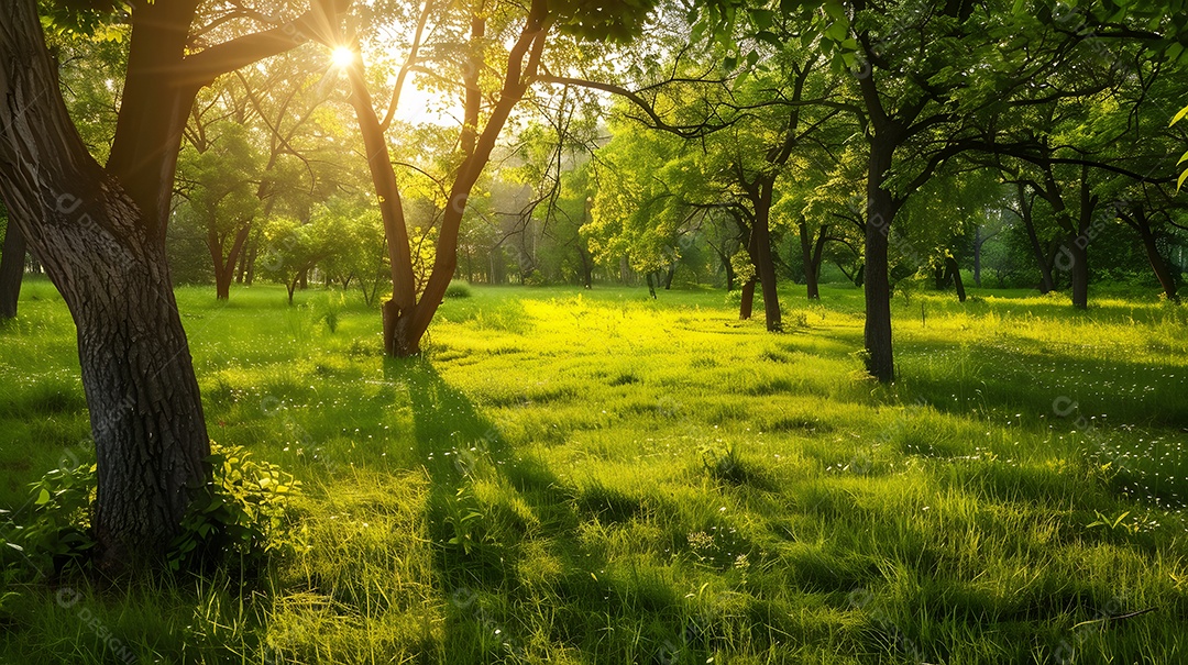 Um prado tranquilo com luz solar salpicada filtrada pelas árvores