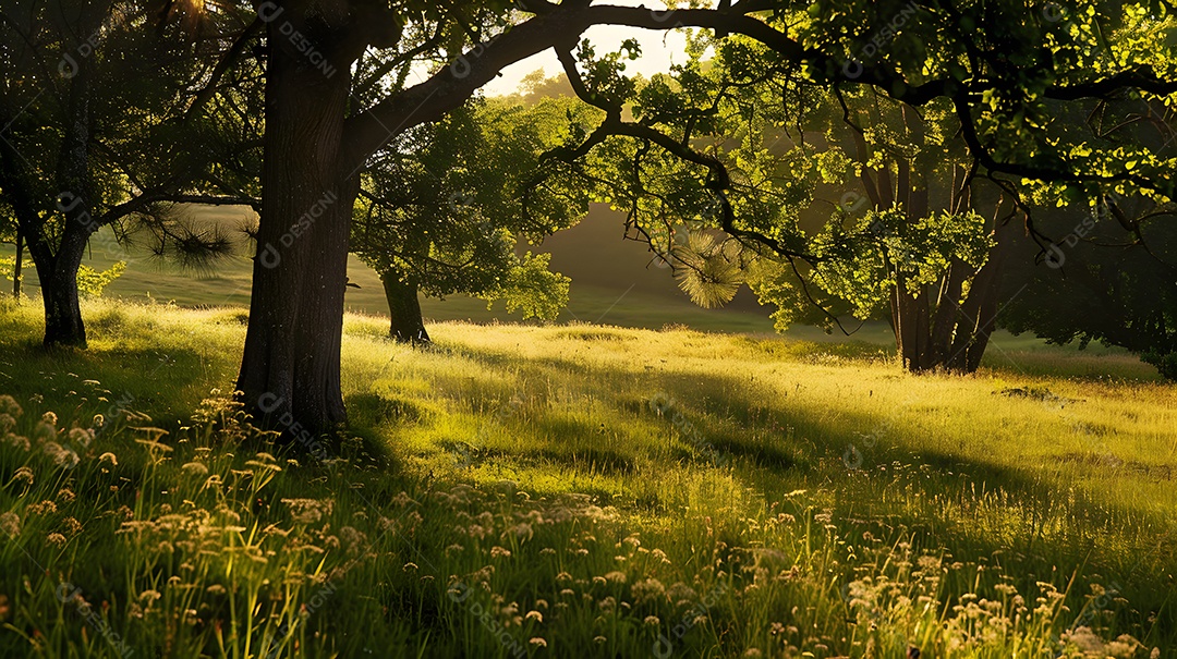 Um prado tranquilo com luz solar salpicada filtrada pelas árvores