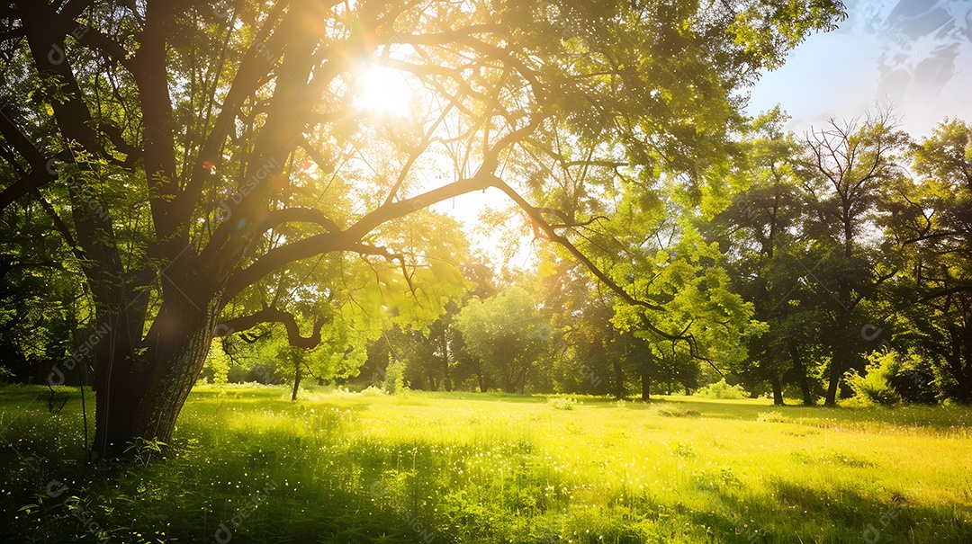 Um prado tranquilo com luz solar salpicada filtrada pelas árvores