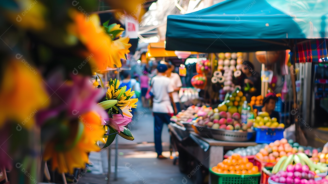 Um mercado de rua vibrante com vendedores vendendo frutas e flores coloridas