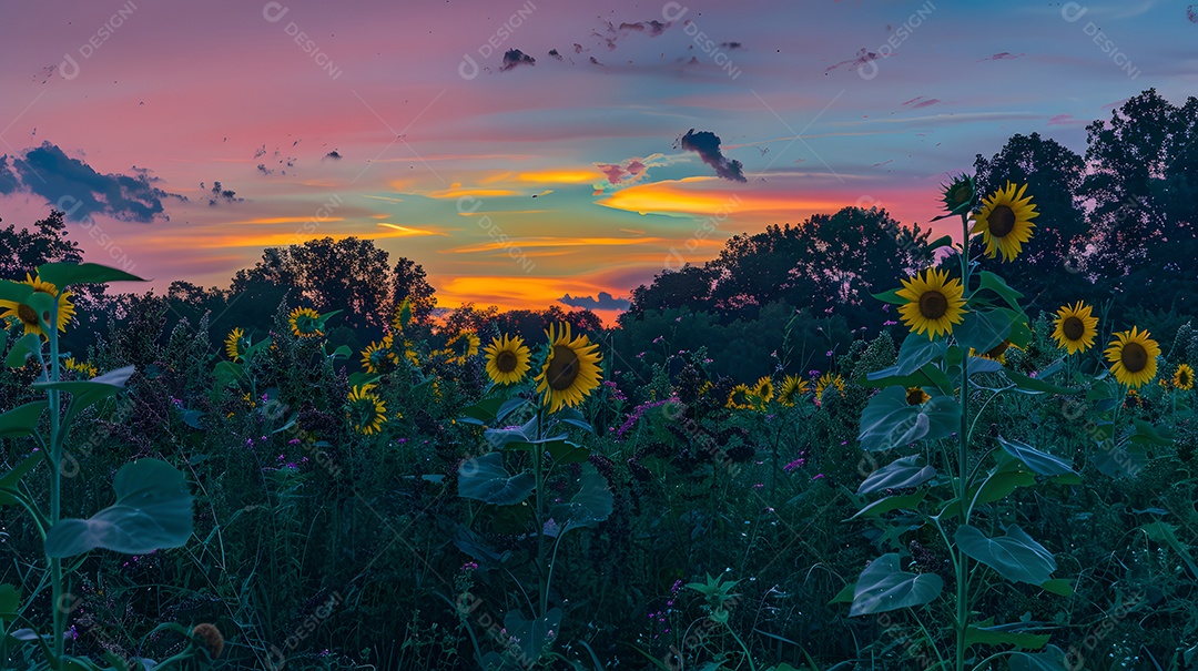Um pôr do sol vibrante sobre um campo de girassóis florescendo