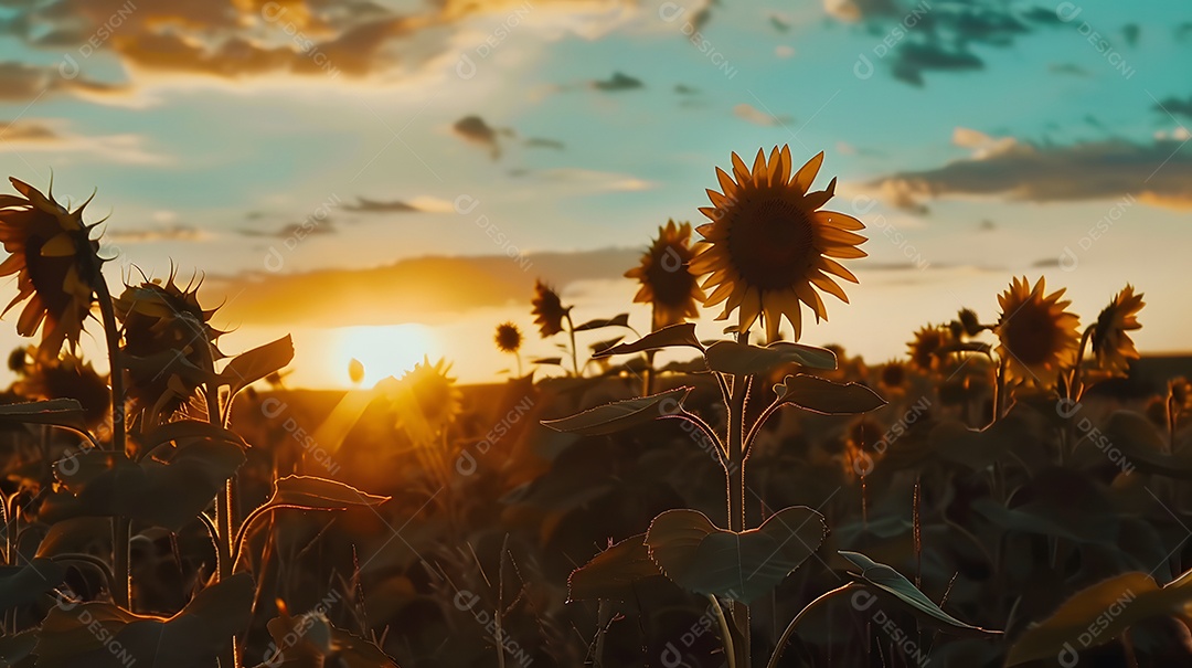 Um pôr do sol vibrante sobre um campo de girassóis florescendo