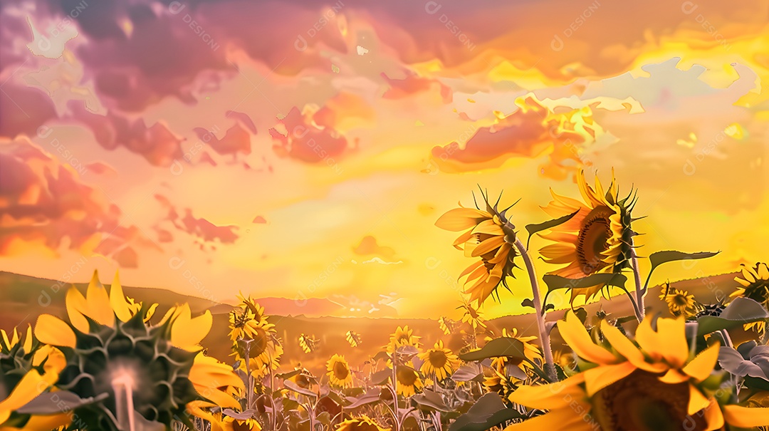 Um pôr do sol vibrante sobre um campo de girassóis florescendo
