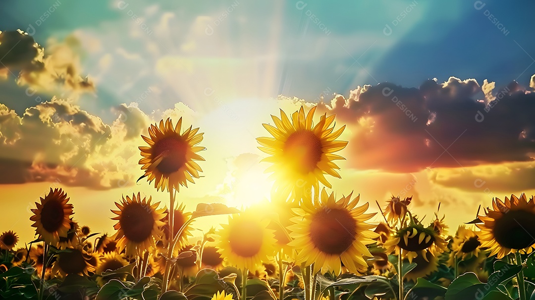 Um pôr do sol vibrante sobre um campo de girassóis florescendo