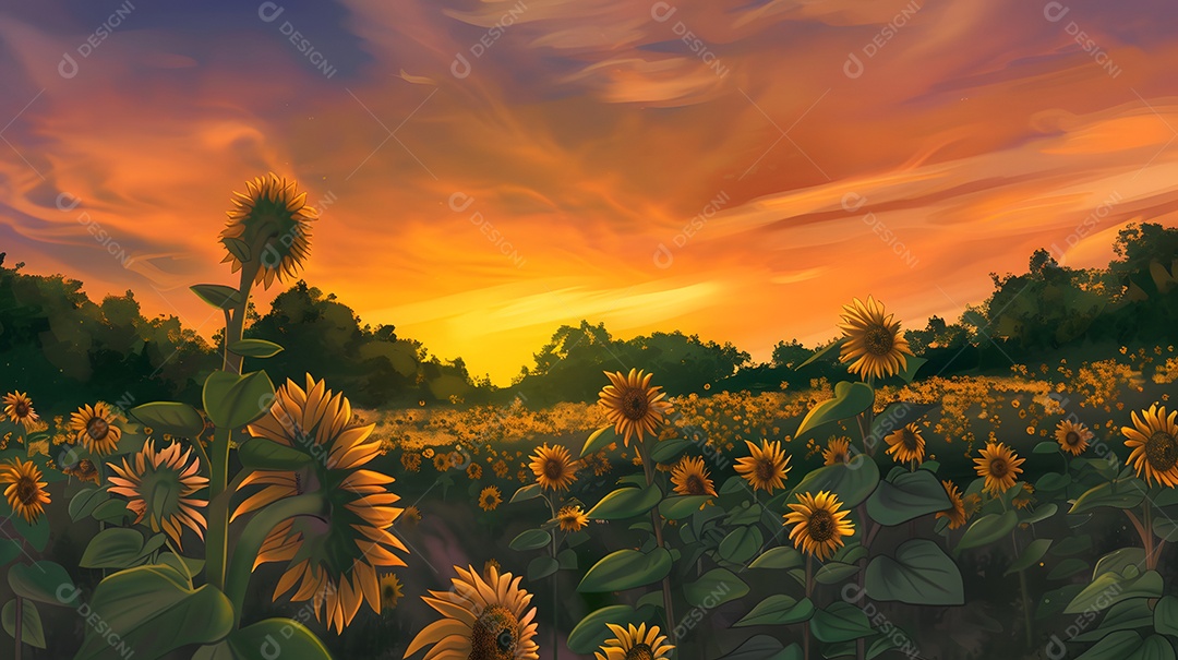 Um pôr do sol vibrante sobre um campo de girassóis florescendo