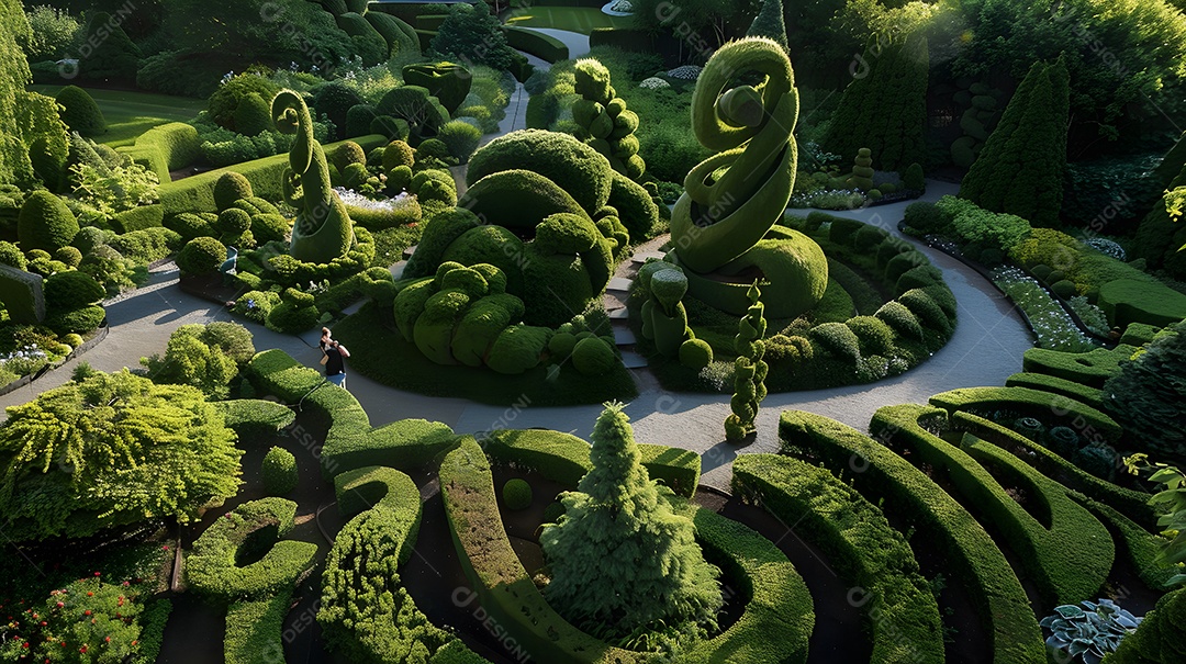 Um jardim extravagante com esculturas topiárias e caminhos sinuosos