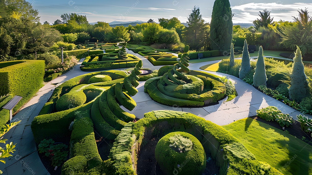 Um jardim extravagante com esculturas topiárias e caminhos sinuosos