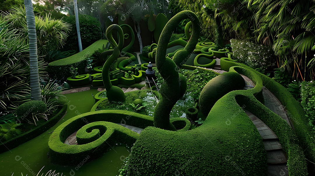Um jardim extravagante com esculturas topiárias e caminhos sinuosos