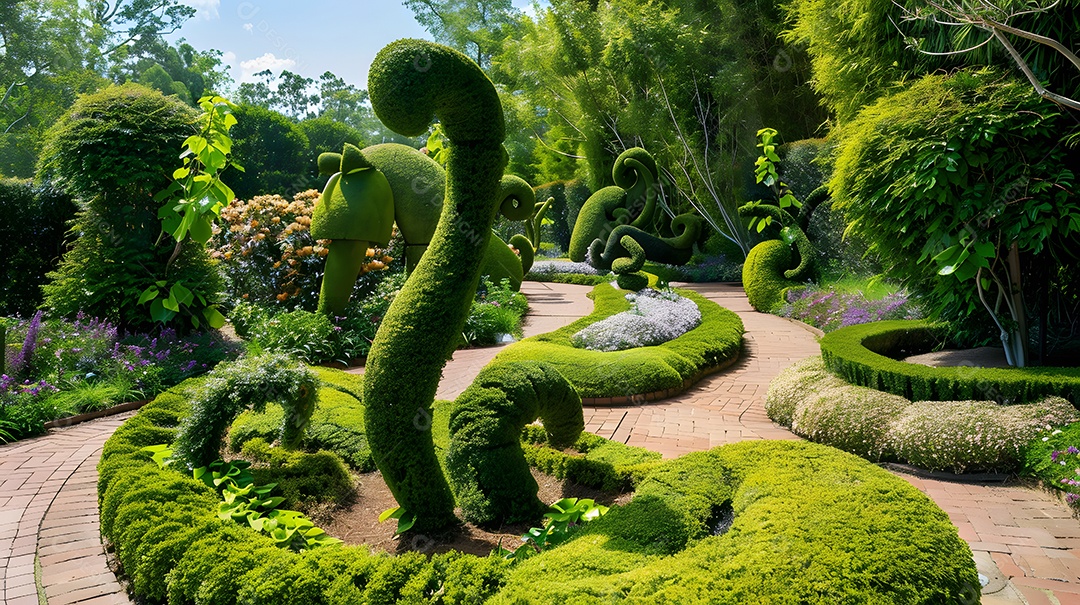 um jardim extravagante com esculturas topiárias e caminhos sinuosos