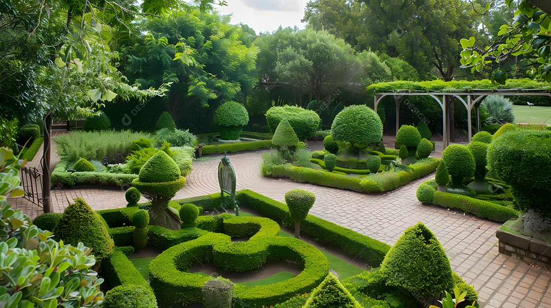 um jardim extravagante com esculturas topiárias e caminhos sinuosos