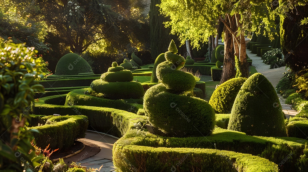 Um jardim extravagante com esculturas topiárias e caminhos sinuosos