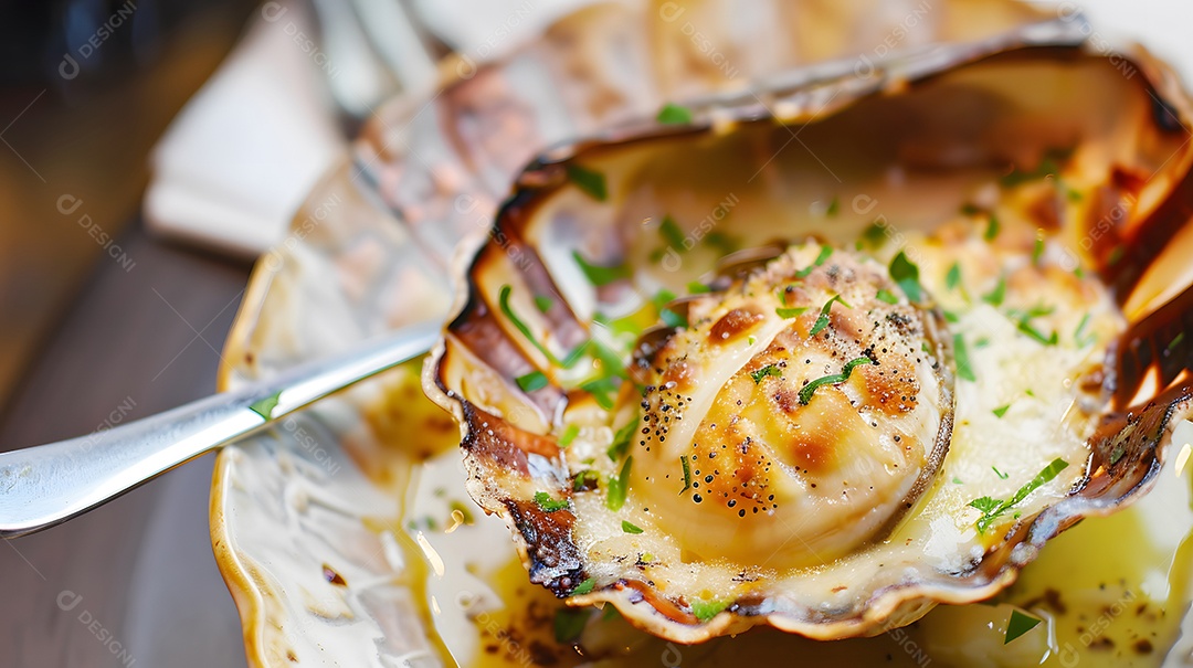 Uma coquille St Jacques amanteigada e escamosa