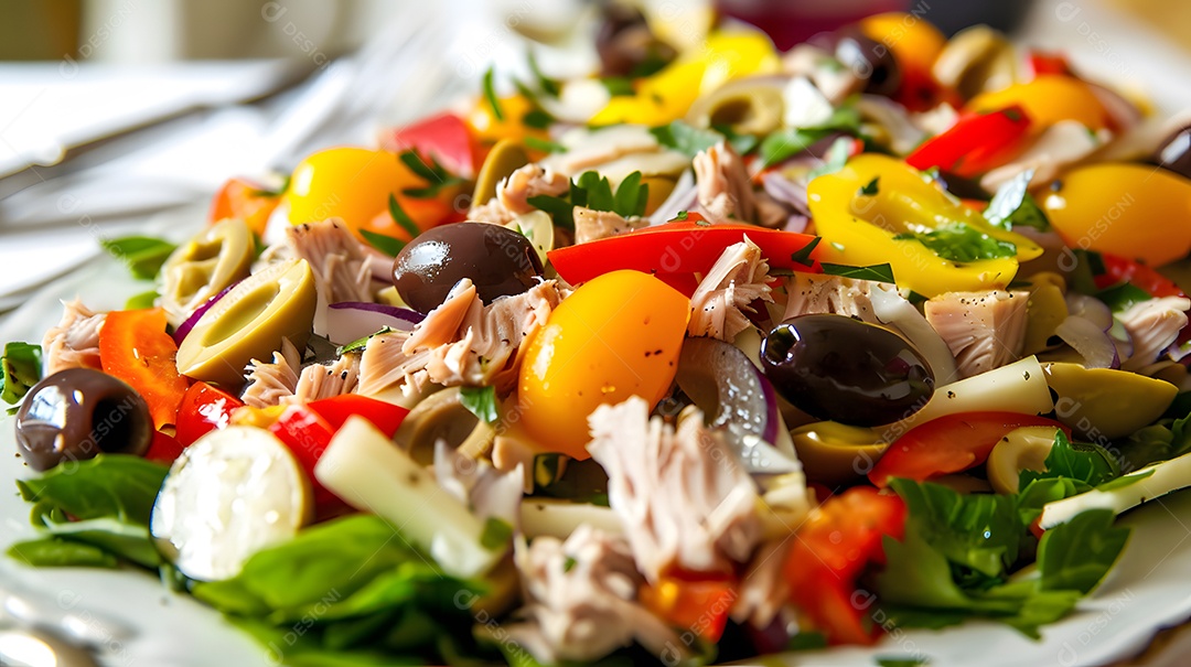 Uma salada nicoise colorida com figos da Índia e azeitonas