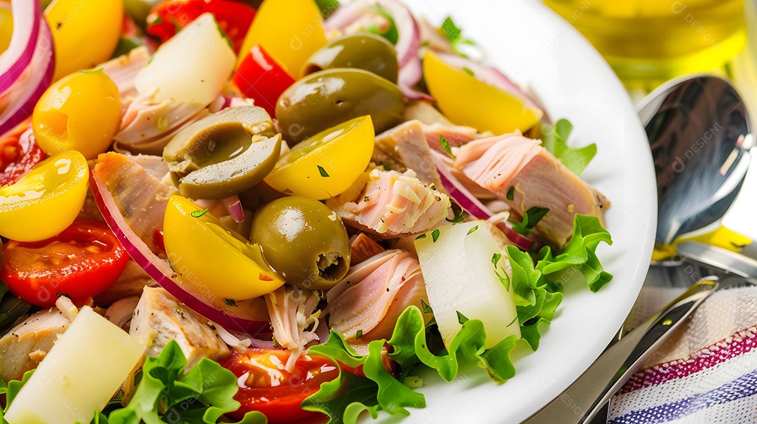 Uma salada nicoise colorida com figos da Índia e azeitonas