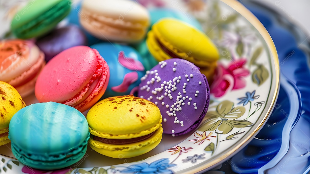 Um prato colorido de macarons