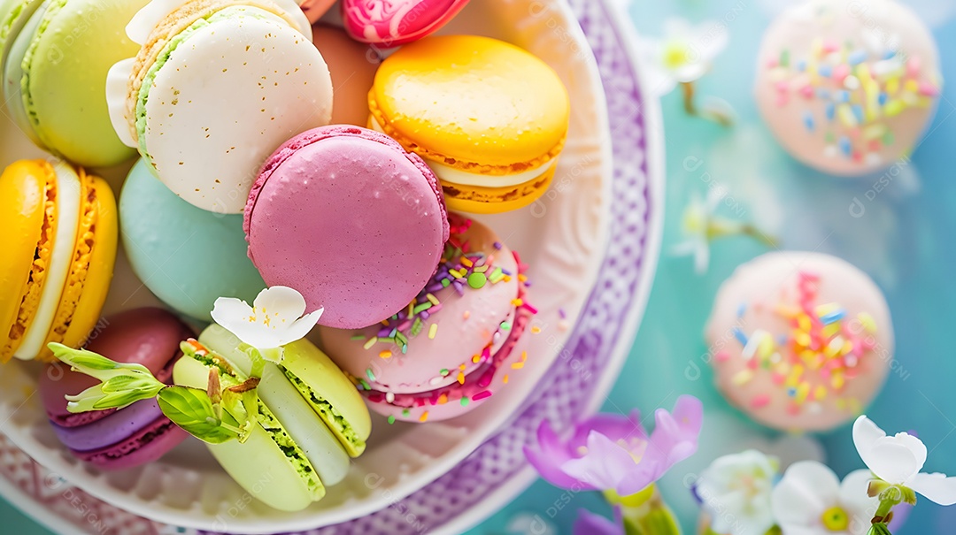 Um prato colorido de macarons
