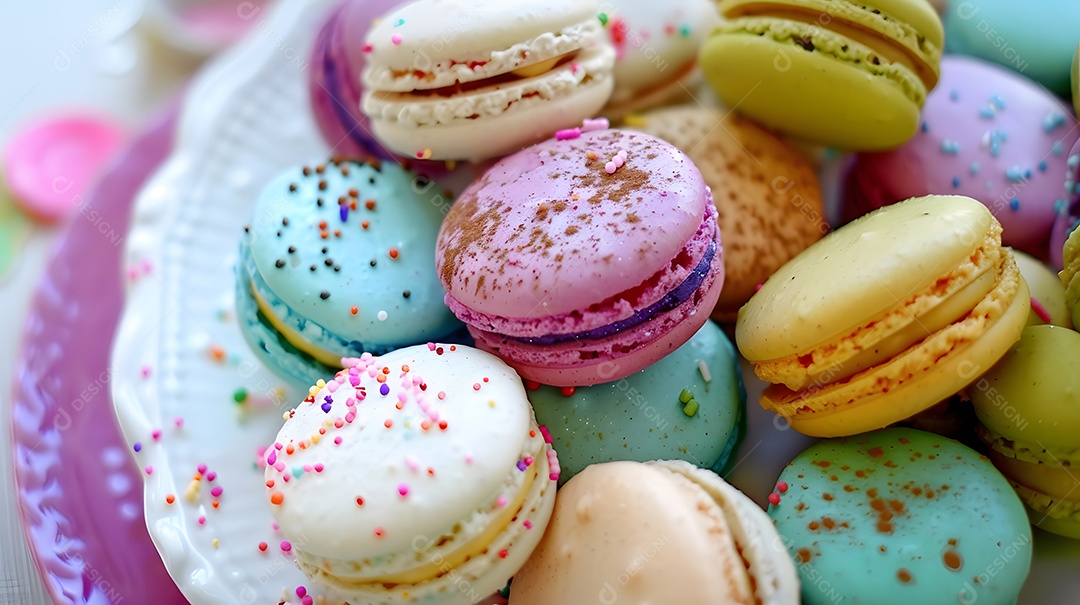 Um prato colorido de macarons