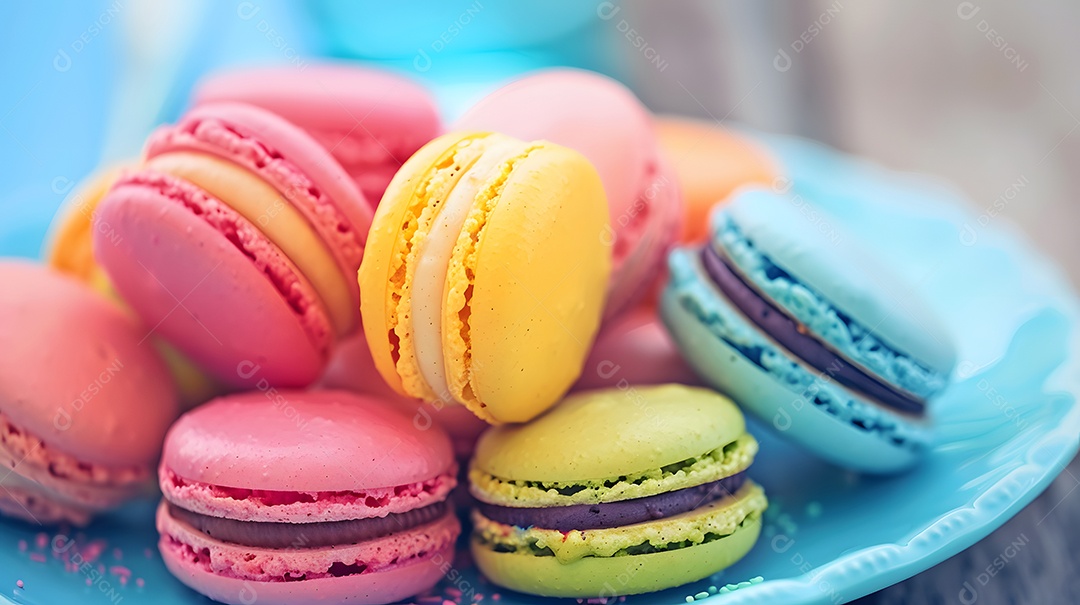Um prato colorido de macarons