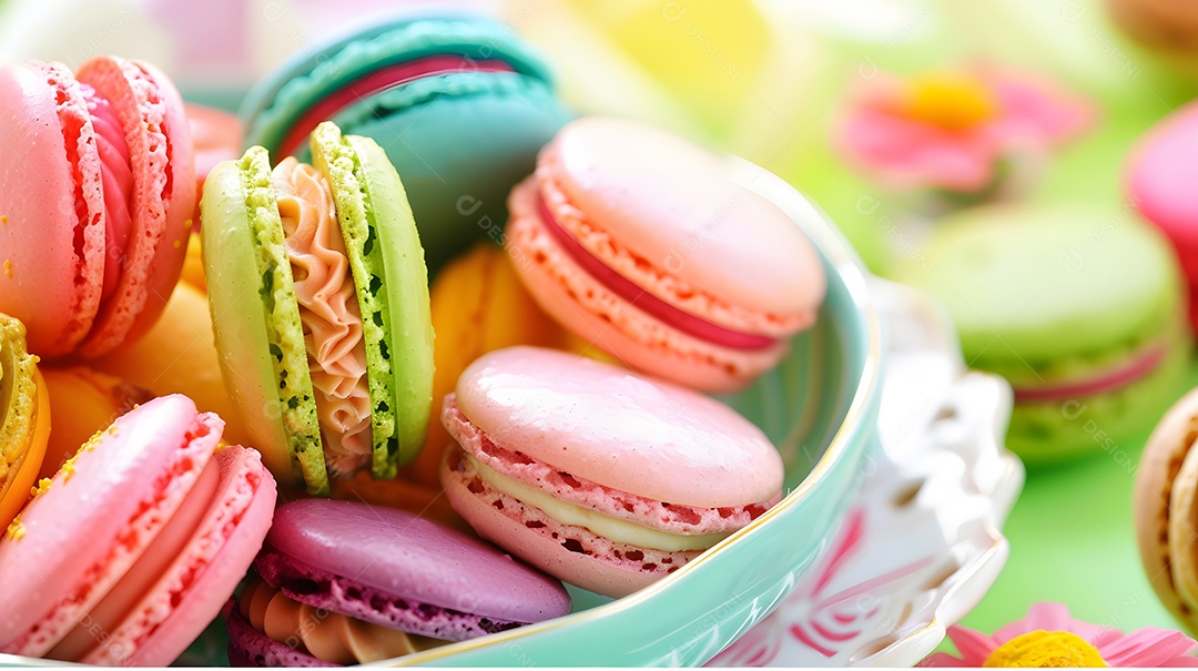 Um prato colorido de macarons