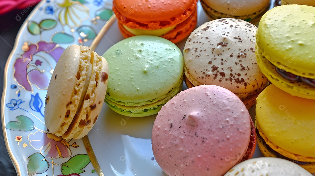 Um prato colorido de macarons