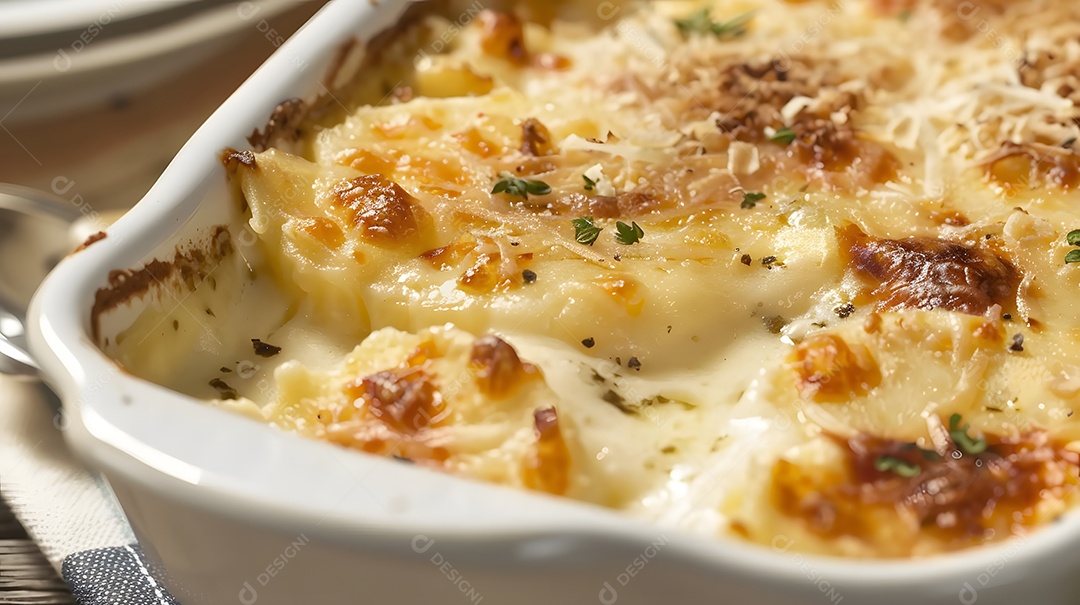 Um dauphinois gratinado cremoso e com queijo