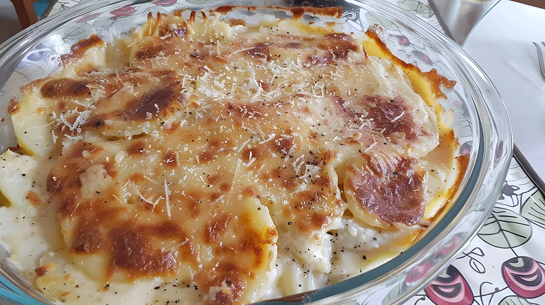 Um dauphinois gratinado cremoso e com queijo