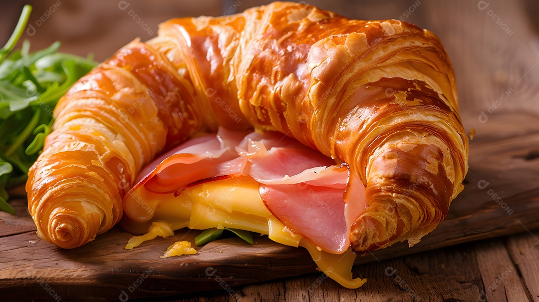 Um croissant crocante com presunto e queijo