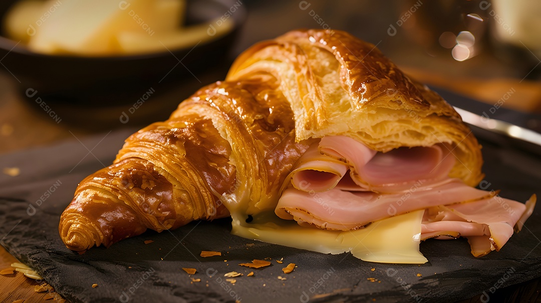 Um croissant crocante com presunto e queijo