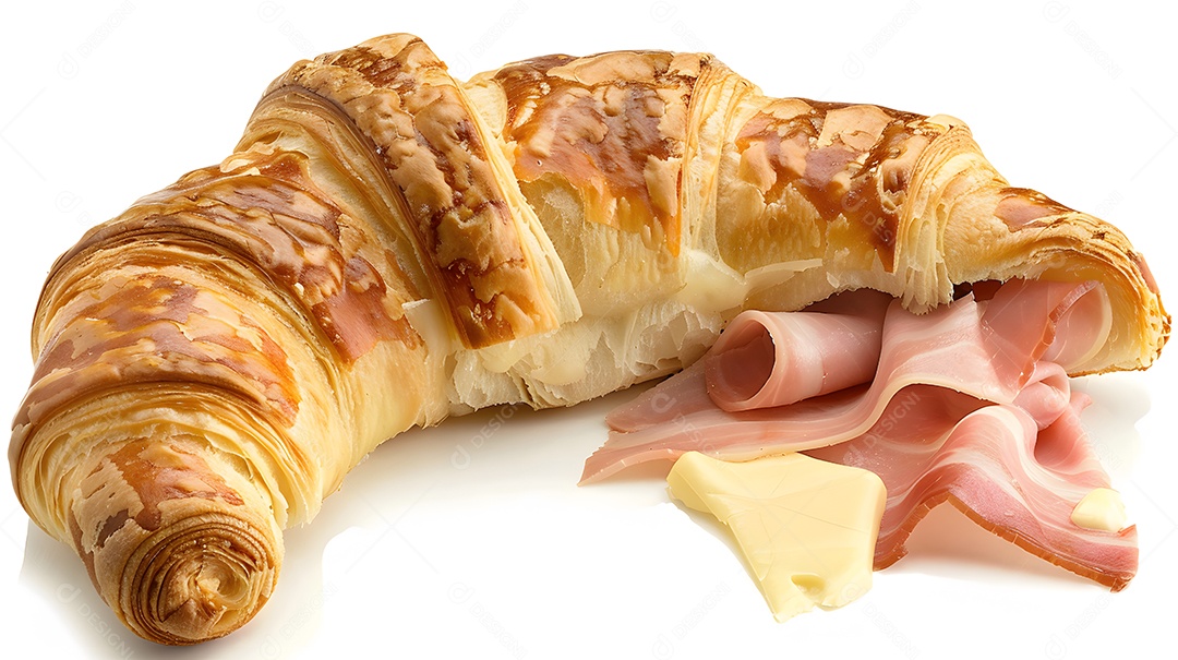 Um croissant crocante com presunto e queijo