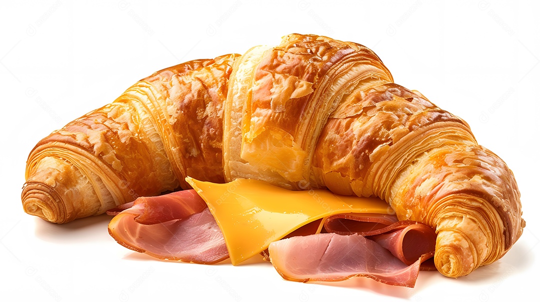 Um croissant crocante com presunto e queijo