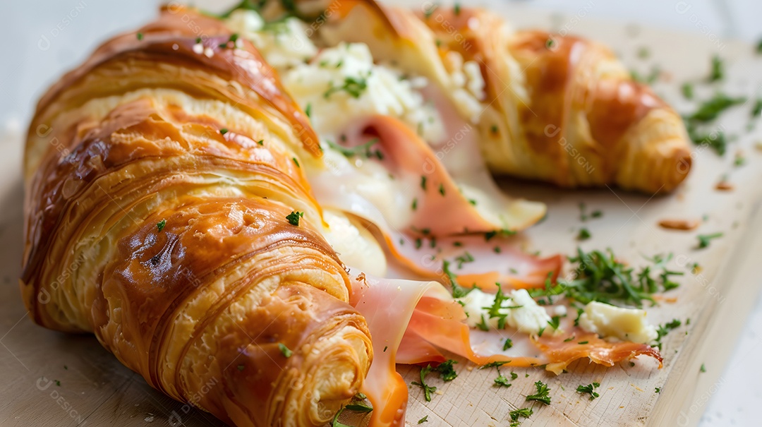 Um croissant crocante com presunto e queijo