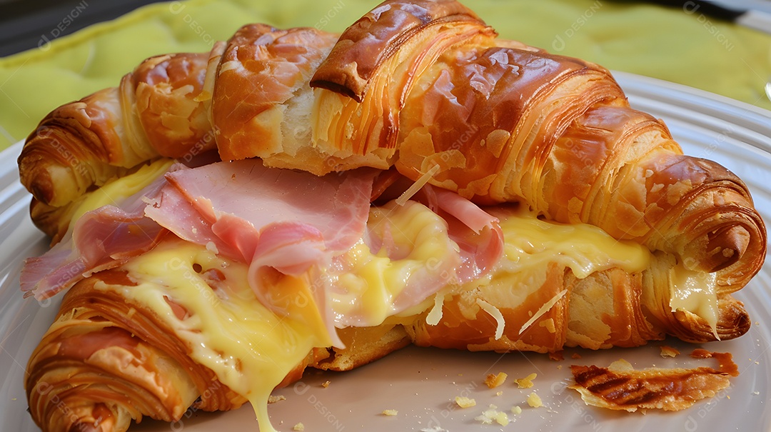 Um croissant crocante com presunto e queijo