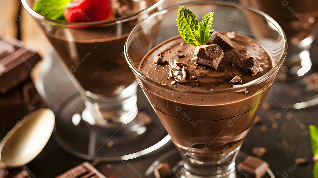 Uma sobremesa decadente de mousse de chocolate